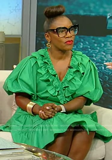 Kimberly Seals Allers’ green ruffle mini dress on Tamron Hall Show