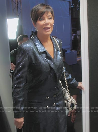 Kris’s black sequin double breasted coat on The Kardashians