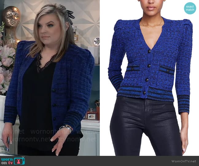 L'Agence Jenni Cardigan in Blue worn by Maxie Jones (Kirsten Storms) on General Hospital