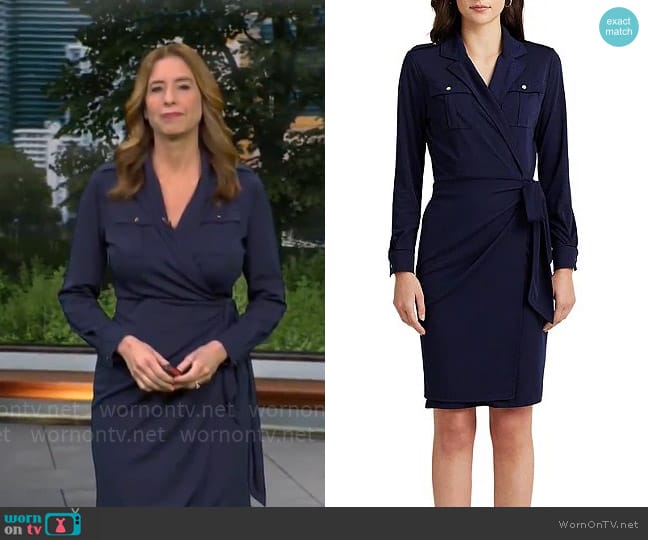 LAUREN Ralph Lauren Stretch Jersey Notch Collar Long Sleeve Flap Pocket Wrap Dress worn by Stephanie Abrams on CBS Mornings