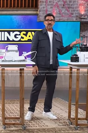 Lawrence Zarian’s grey jacket and cargo pants on The Kelly Clarkson Show