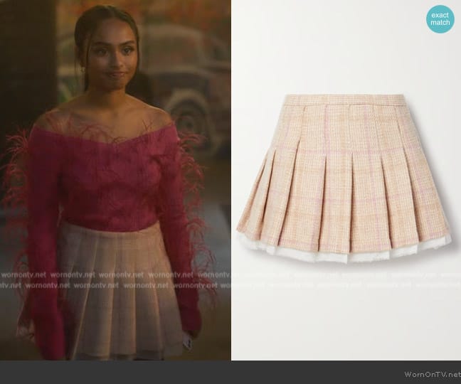 Love Shack Fancy Rooney pleated chiffon-trimmed checked wool mini skirt worn by Kiela (Daniella Perkins) on Grown-ish