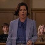 Margaret’s blue suit and tie neck blouse on So Help Me Todd