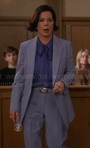 Margaret’s blue suit and tie neck blouse on So Help Me Todd