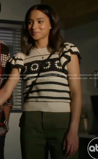 May’s striped open knit ruffle sweater on 9-1-1