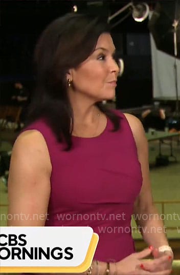 Meg Oliver’s magenta sleeveless sheath dress on CBS Mornings