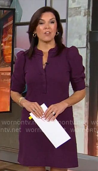 Meg Oliver’s purple puff sleeve dress on CBS Mornings