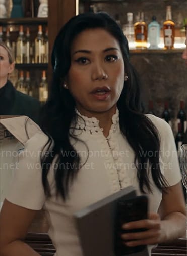 Mel’s white crochet trim top on The Equalizer