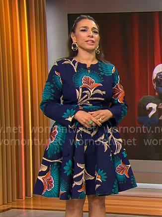 Michelle Miller’s blue floral flared dress on CBS Mornings