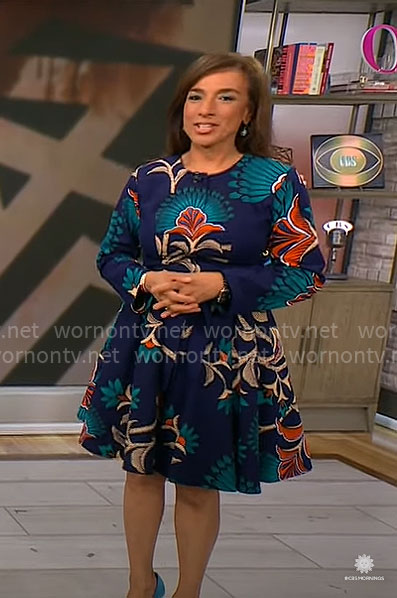 Michelle Miller’s blue floral flared dress on CBS Mornings