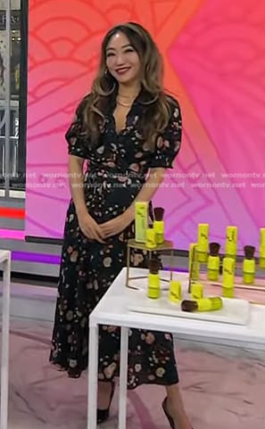 Michelle Park’s black floral ruffle wrap dress on Today