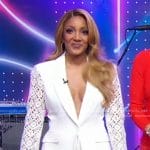 Mickey Guyton’s white crochet sleeve blazer and shorts on Good Morning America