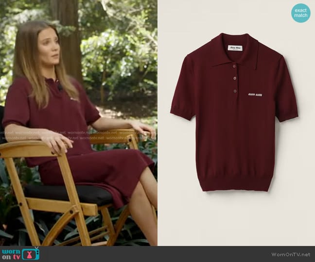 Miu Miu Wool Knit Polo Shirt in Amaranth Red/Maize Yellow worn by Freya Allan on Good Morning America