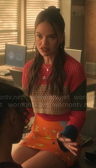 Mouse’s colorblock sweater and orange printed mini skirt on Pretty Little Liars Original Sin