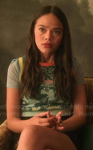 Mouse’s green printed sweater vest on Pretty Little Liars Original Sin