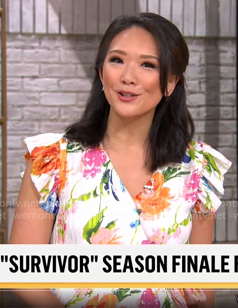 Nancy Chen’s white floral wrap dress on CBS Mornings