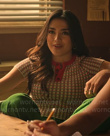 Noa’s red flower print knit top on Pretty Little Liars Original Sin