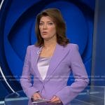 Norah’s lilac peak lapel blazer and pants on CBS Evening News