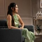 Olivia Munn’s green satin lace trim top and skirt on Good Morning America