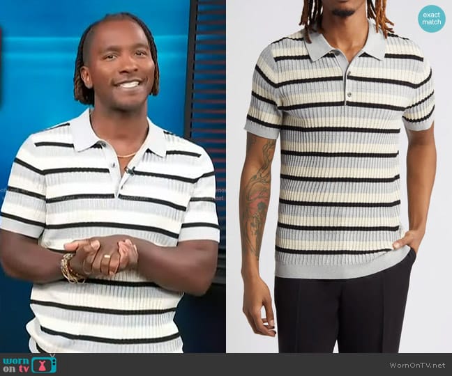 Open Edit Texture Stitch Polo Sweater in Grey Heather Beige Stripe worn by Scott Evans on Access Hollywood
