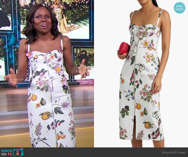 Oscar de la Renta Floral-appliquéd Printed Leather Midi Dress worn by Deborah Roberts on Good Morning America