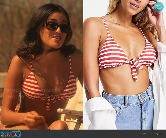 & Other Stories Triangle bikini top in red stripe print worn by Noa Olivar (Maia Reficco) on Pretty Little Liars Original Sin