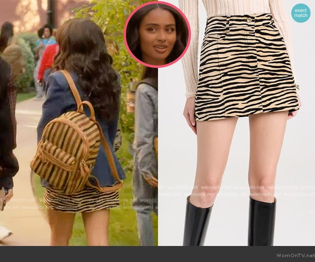 Paco Rabanne Tiger-print stretch-cotton miniskirt worn by Kiela (Daniella Perkins) on Grown-ish
