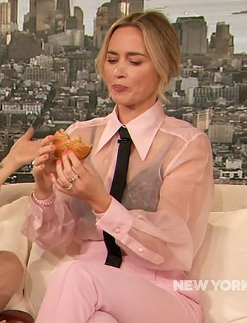 Emily Blunt’s pink sheer blouse on The Drew Barrymore Show