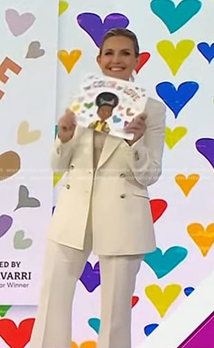 Poppy Harlow’s white double breasted blazer and pants on Today