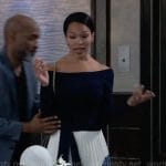 Portia’s blue and white pleated skirt on General Hospital