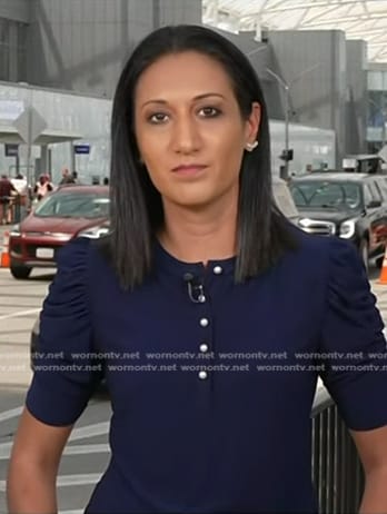 Priya Sridhar’s navy ruched sleeve top on NBC News Daily