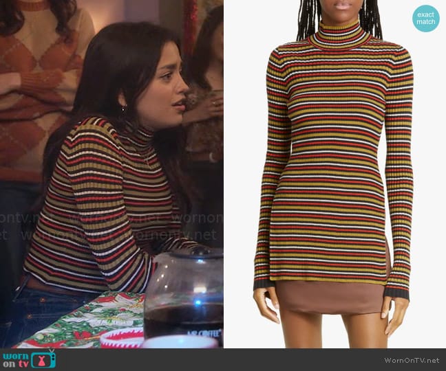 Proenza Schouler Stripe Turtleneck Silk & Cotton Sweater worn by Noa Olivar (Maia Reficco) on Pretty Little Liars Original Sin