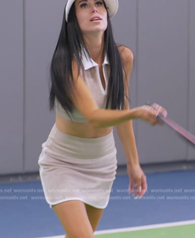 Rachel’s beige teddy crop top and mini skirt on The Real Housewives of New Jersey