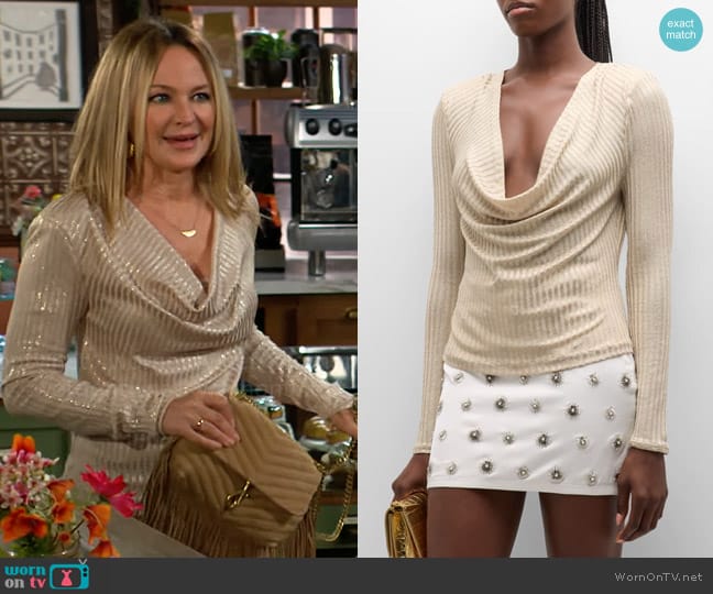 Ramy Brook Carolina Rib-Knit Cowl-Neck Blouse in Soft Gold Foil Rib worn by Sharon Newman (Sharon Case) on The Young and the Restless