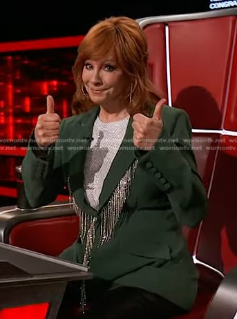 Reba’s green fringe embellished blazer on The Voice