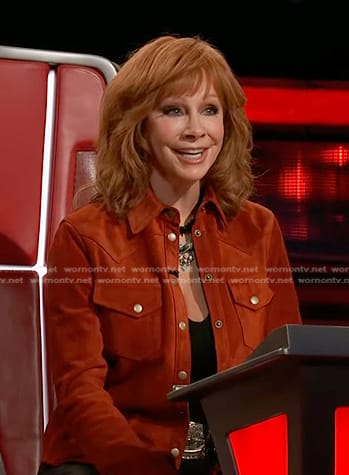 Reba’s orange suede western shirt jacket on The Voice