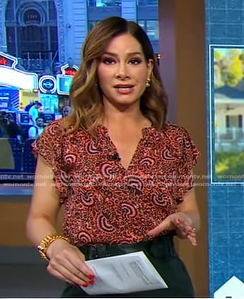 Rebecca’s pink printed top and leather skirt on Good Morning America