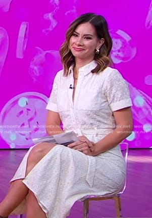 Rebecca’s white floral embroidered shirtdress on Good Morning America