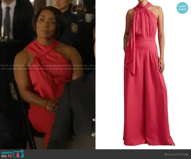 Reiss Selena Tie Neck Linen Blend Wide Leg Jumpsuit in Coral worn by Athena Grant (Angela Bassett) on 9-1-1