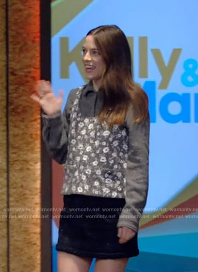 Riley Keough’s gray floral cardigan and floral top on Live with Kelly and Mark