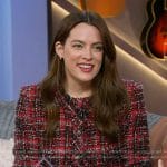 Riley Keough’s plaid tweed dress and jacket on The Kelly Clarkson Show