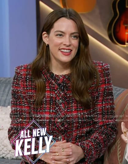 Riley Keough’s plaid tweed dress and jacket on The Kelly Clarkson Show