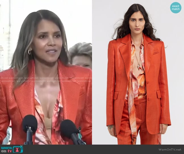 Roberto Cavalli Plumage Print Shirt in Orange worn by Halle Berry on Good Morning America