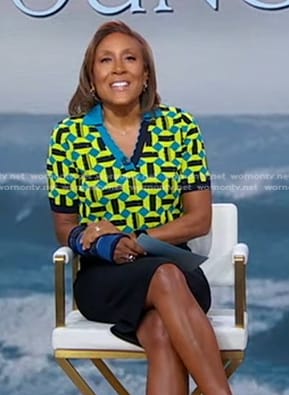 Robin’s yellow geometric knit polo top on Good Morning America