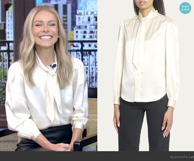 Saint Laurent Lavallière-neck Blouse In Silk Satin worn by Kelly Ripa on Live with Kelly and Mark