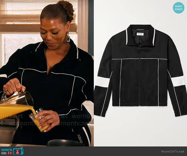 Saint Laurent Teddy Logo-Appliquéd Satin Jacket worn by Robyn McCall (Queen Latifah) on The Equalizer