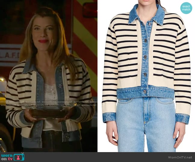 Sandro Layered Look Striped Cardigan in Ecru Black