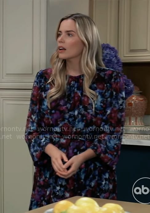 Sasha’s blue and red floral long sleeved dress on General Hospital