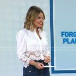 Savannah’s white floral lace shirt and denim skirt on Today