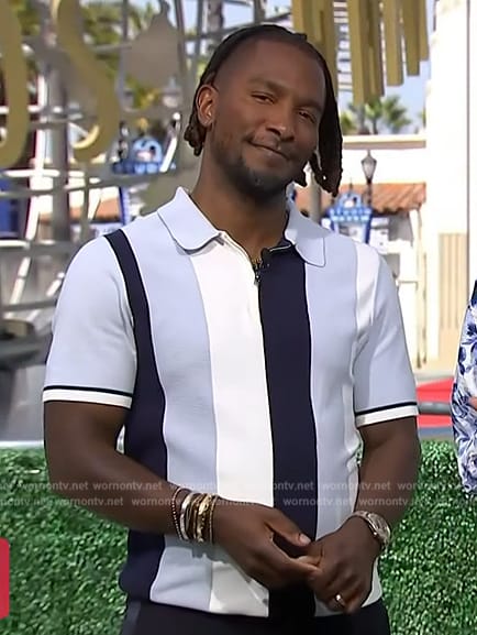 Scott’s blue stripe polo on Access Hollywood